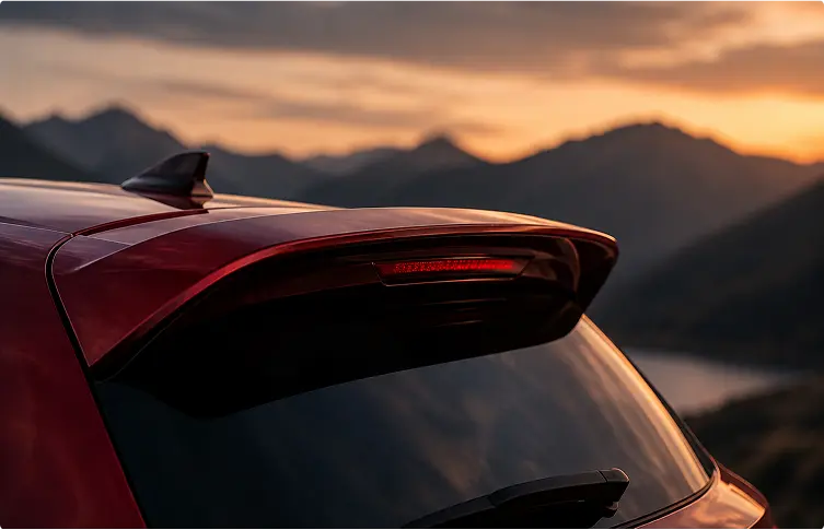 Spoiler integration view seamlessly blended into automotive body contours