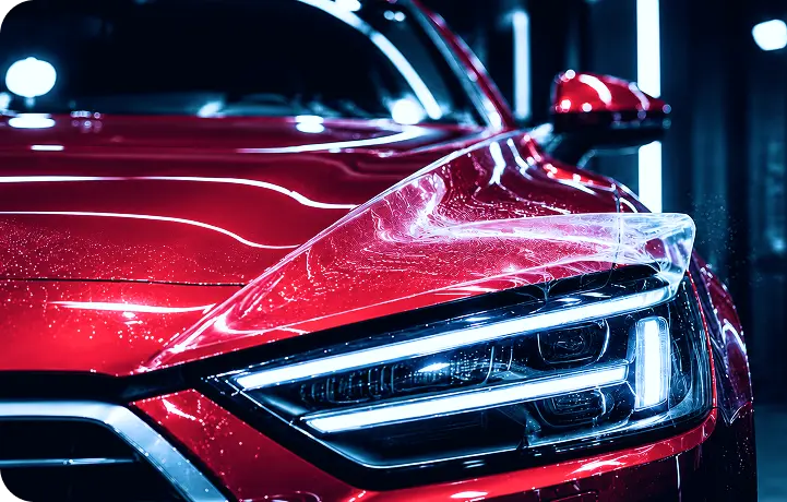 Premium luxury vehicle red leather stitched seats interior cabin lighting setup